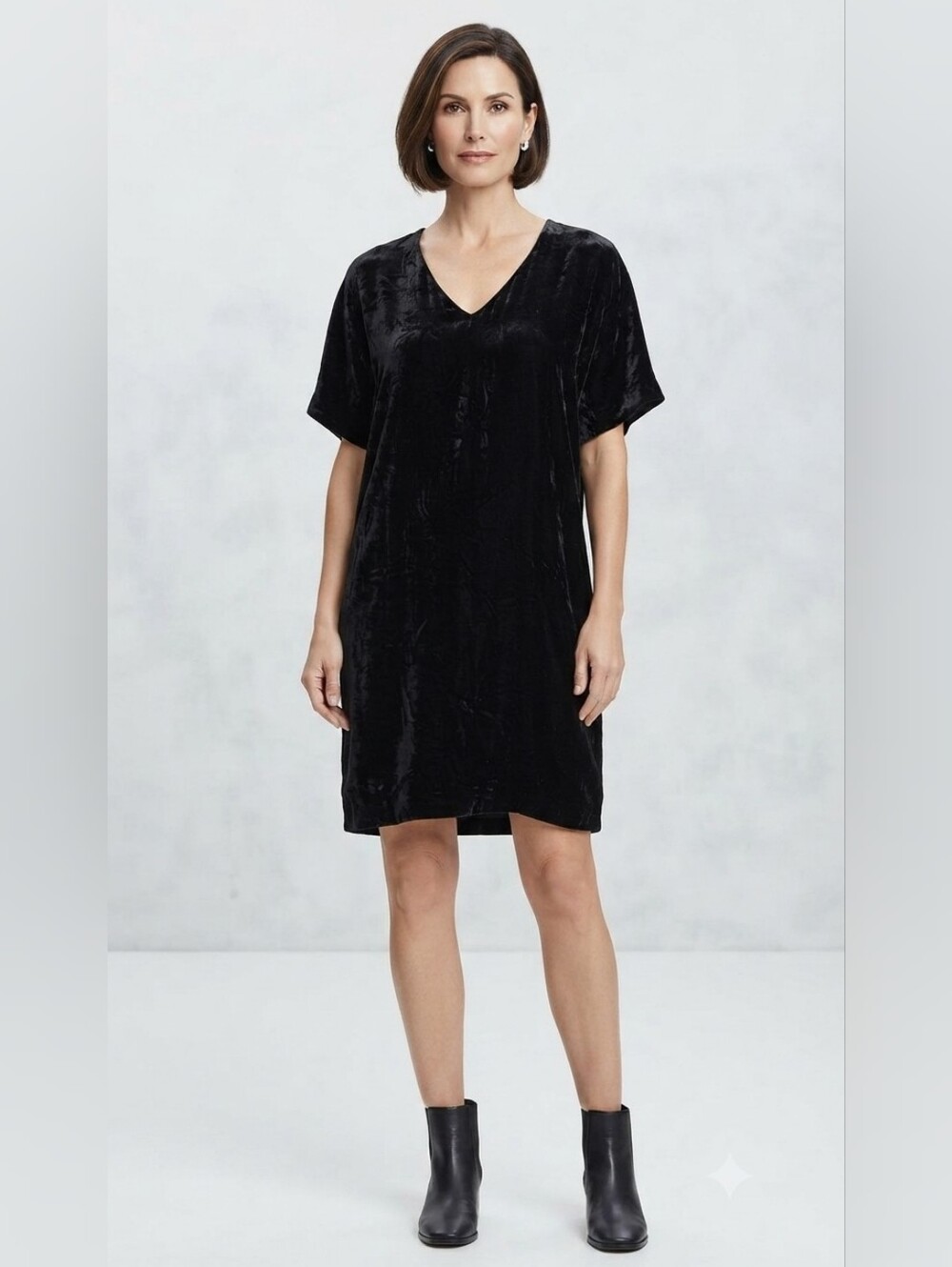 Eileen Fisher Black Crushed Velvet V-Neck Shift Dress Size XL